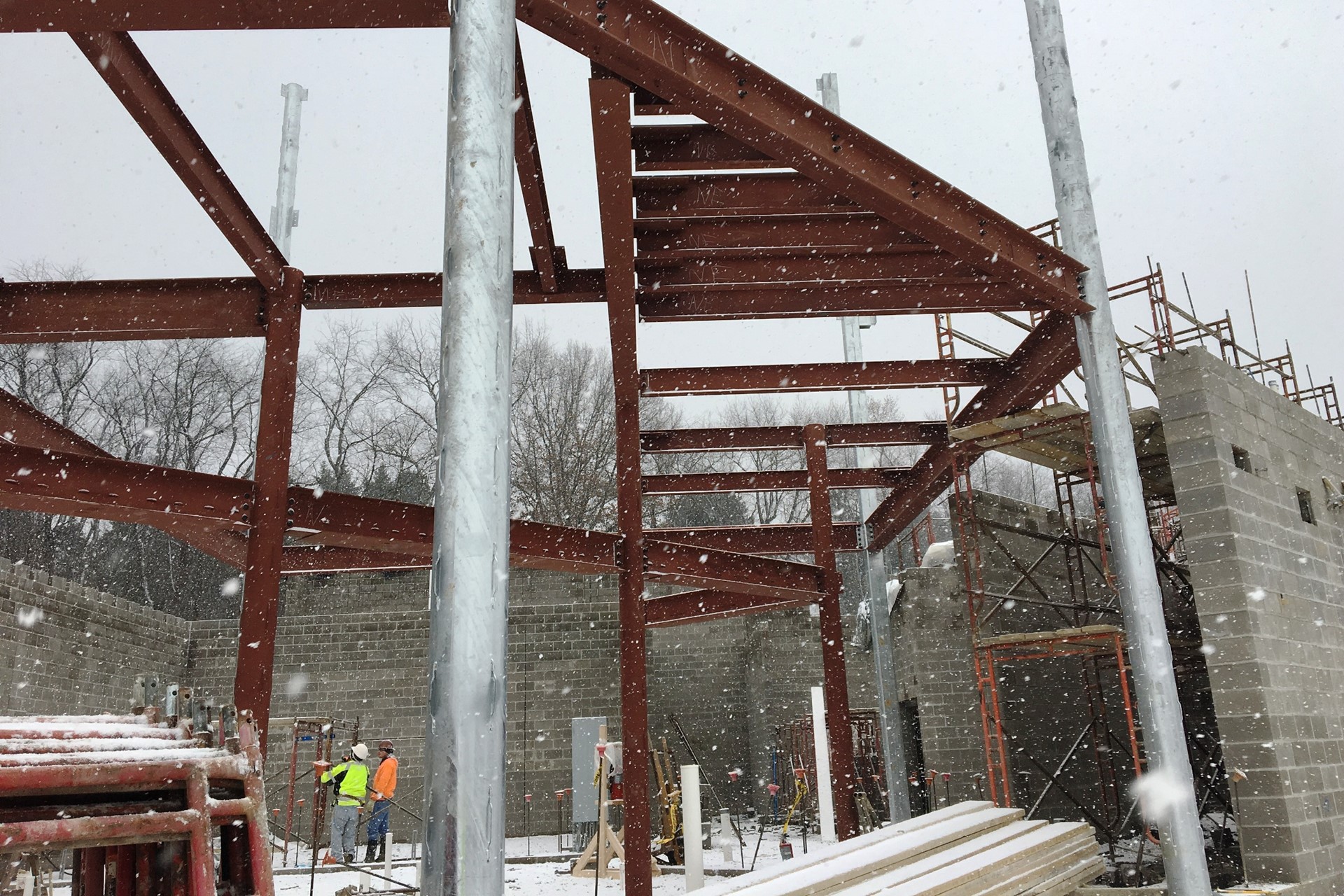 New school construction site: Steel beams erected in place