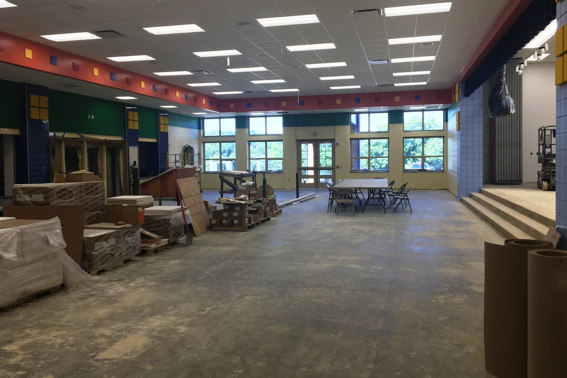 Scott Primary cafeteria with boxes