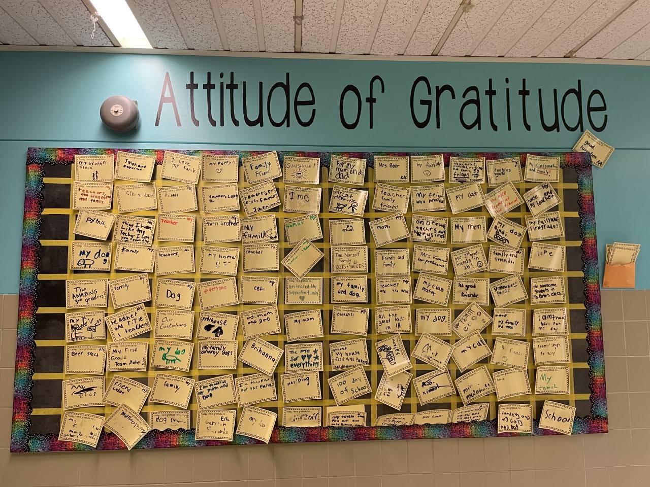 Attitude of Gratitude board displaying variety of ways our students are grateful