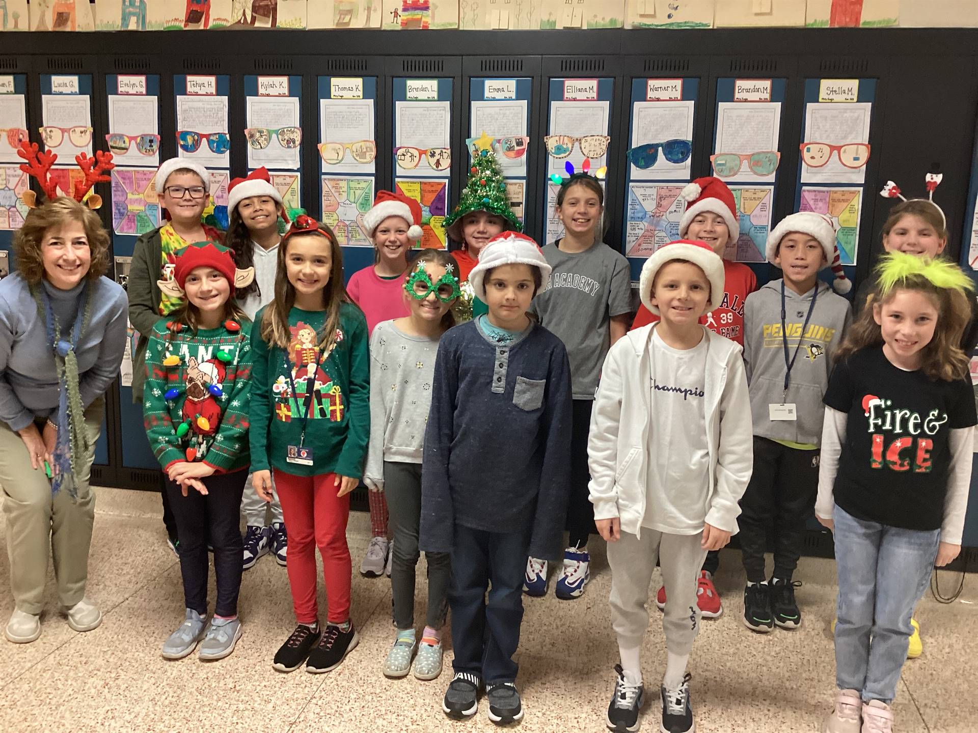 Students wearing holiday hats